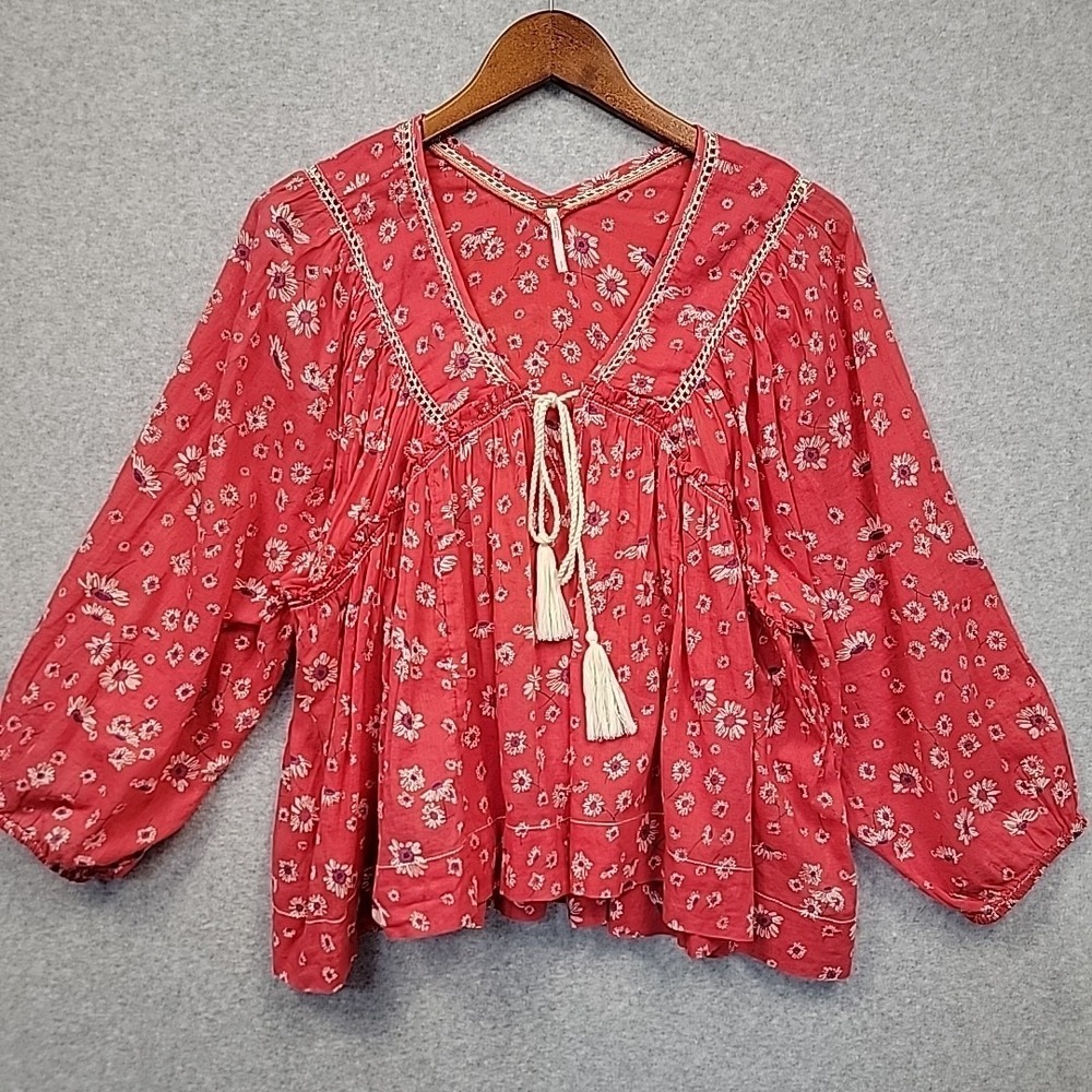 FREE PEOPLE Never A Dull Moment Floral Cotton Blouse Sz S Bohemian Long Sleeve